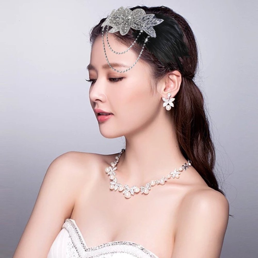 Tinksky Retro Black Feather Headpiece Flapper Chain Flower Hairband Great Gatsby